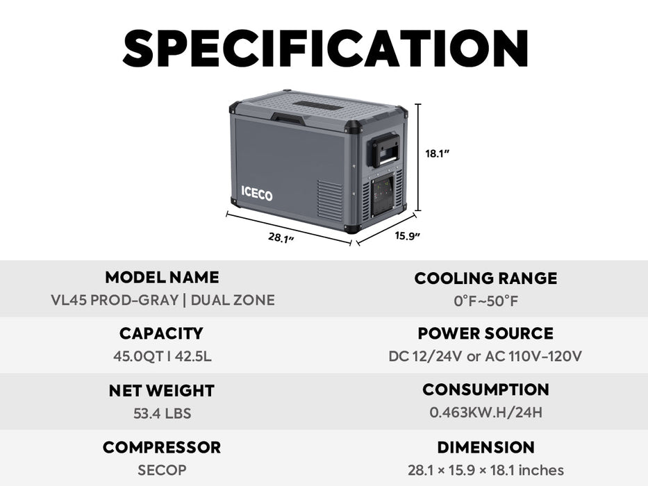 VL45ProD Dual Zone Portable Freezer - Gray | ICECO