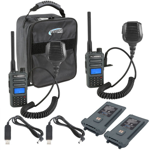 ADVENTURE PACK - Rugged GMR2 GMRS and FRS handheld radios pair with XL batteries, hand mics, and storage bag