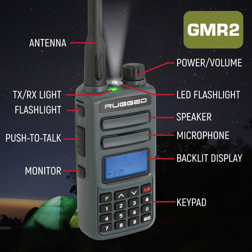 GMR2 GMRS and FRS handheld radio features keypad, flashlight, push -to-talk, intuitive settings, transmit/receive indicator light