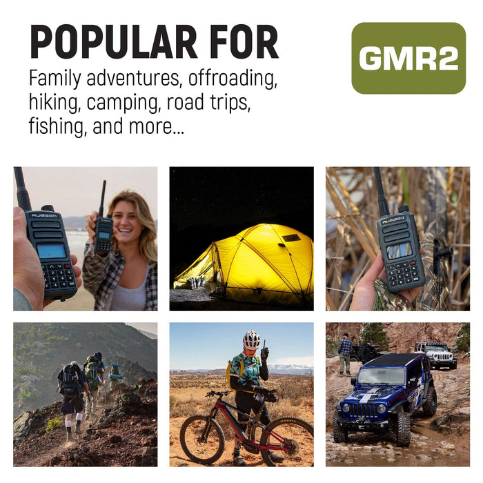 GMR2 GMRS and FRS handheld walkie-talkie ideal for outdoor adventures, camping, fishing, hiking, road trips, and more