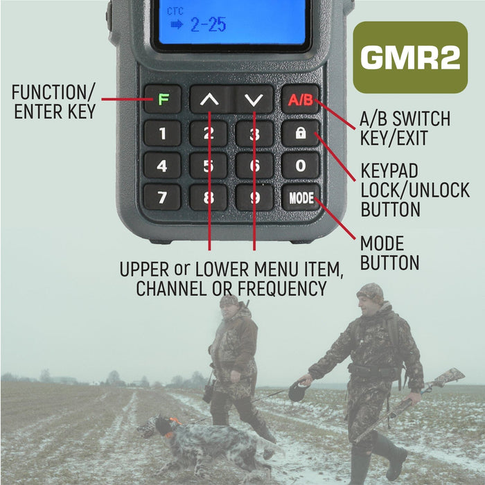 GMR2 GMRS handheld radio keypad features functions, scrolling, a/b switch, keypad lock, mode button