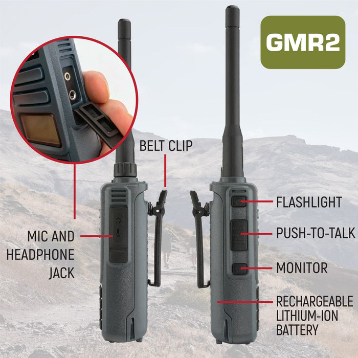 GMR2 GMRS handhled radio features belt clip, mic and headphone jack, push-to-talk, monitor, and rechargeable battery